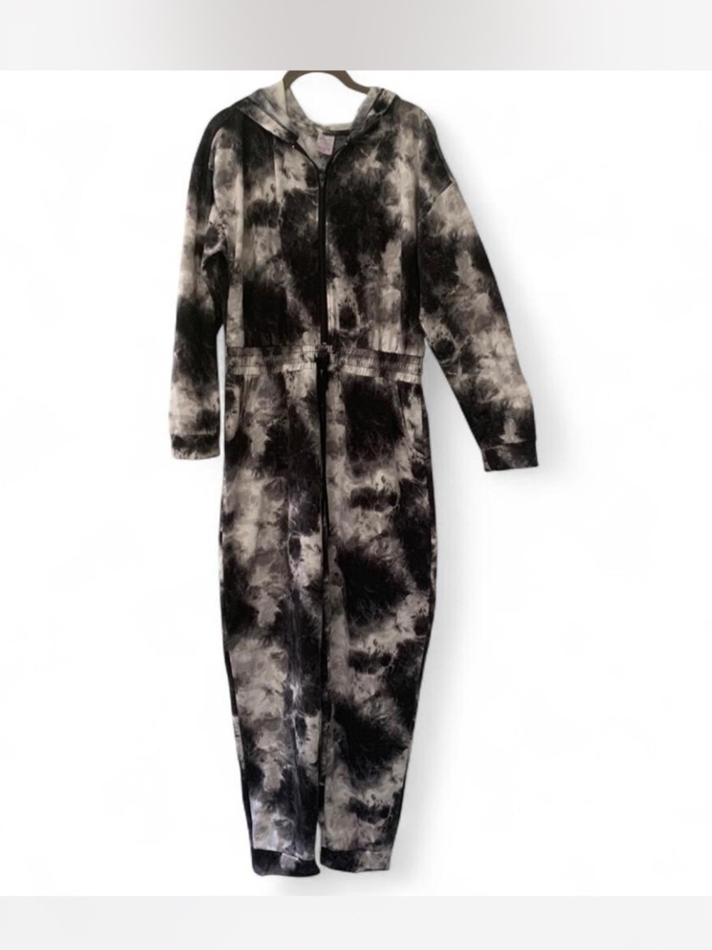 Black and Gray Tie-Dye Hooded Jumpsuit